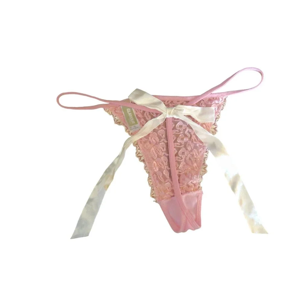 Vintage Glamour Pink Mesh Embroidered Thong Panties Satin Back Bow Size XL - Picture 14 of 14